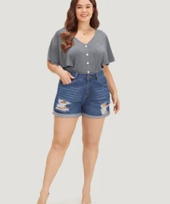 Plain Button Detail Flutter Sleeve Bodysuit -Clothing Shop 409562979 ii