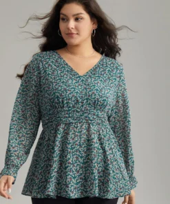 Chiffon Ditsy Floral Elastic Waist Ruffle Hem Blouse -Clothing Shop 409635767 hf