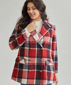 Plaid Double Breasted Lapel Collar Flap Pocket Coat
