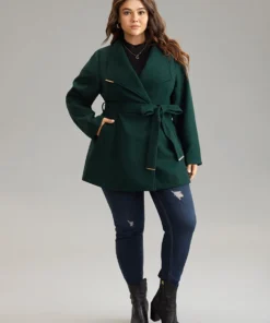 Plain Belted Metal Detail Lapel Collar Woolen Coat -Clothing Shop 40970324 ps