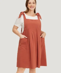 Solid Pleated Hem Pocket Tie Shoulder Overall Dress -Clothing Shop 409879976 lh 3f472c66 7672 40f5 b55d 42f1e987fd06