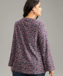 Ditsy Floral Notched Bell Sleeve Blouse -Clothing Shop 410209174 xg