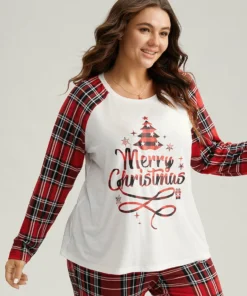 Christmas Print Raglan Sleeve Crew Neck Sleep Top -Clothing Shop 410969334 yj