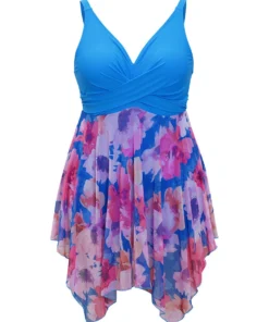 Floral Patchwork Hanky Hem Crossover V Neck Swim Dress -Clothing Shop 410976165 jw