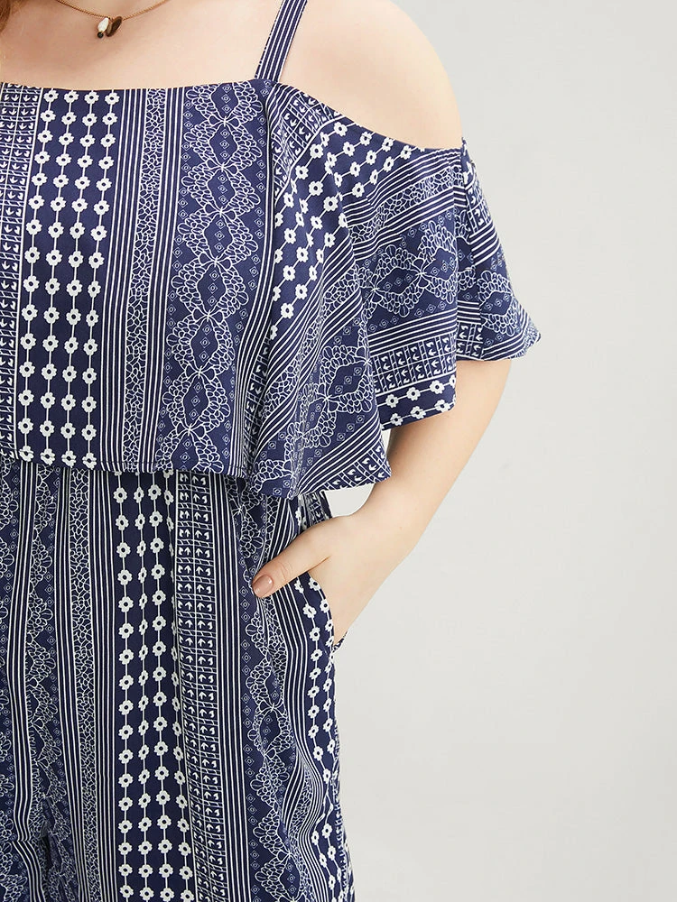 Striped Geometric Pocket Ruffles Cold Shoulder Jumpsuit 6 Striped Geometric Pocket Ruffles Cold Shoulder Jumpsuit - Image 4