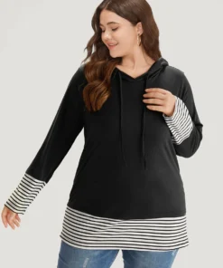 Striped Patchwork Hooded Drawstring T-shirt -Clothing Shop 411603606 zj 208f96a6 5f1a 4548 ab06 0458aa778be7