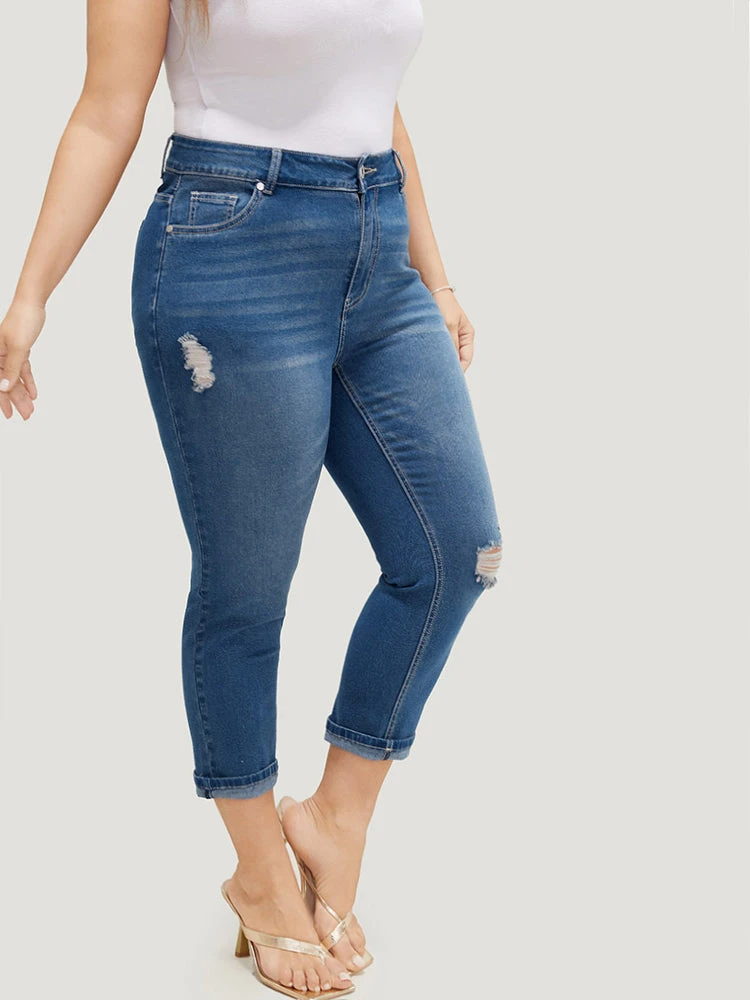 Very Stretchy High Rise Dark Wash Ripped Detail Cropped Jeans 9 Very Stretchy High Rise Dark Wash Ripped Detail Cropped Jeans - Image 7