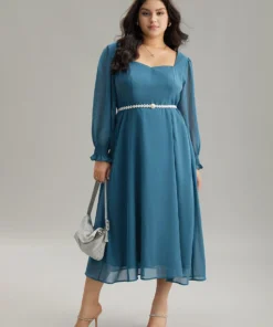 Chiffon Square Neck Shirred Lantern Sleeve Split Hem Dress -Clothing Shop 413284138 mv