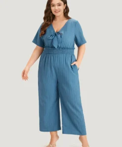Textured Bowknot V Neck Shirred Pocket Jumpsuit -Clothing Shop 413345079 ef
