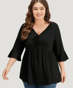 Solid Drawstring Gathered Flutter Sleeve T-shirt