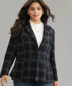 Plaid Button Up Suit Collar Woolen Blazer -Clothing Shop 413559727 le