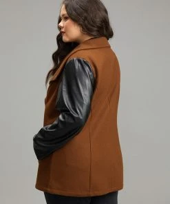 Contrast PU Leather Lapel Collar Pocket Button Up Coat -Clothing Shop 413865013 lw