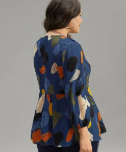 Brush Print Button Detail Elastic Cuffs Blouse -Clothing Shop 413991008 hr