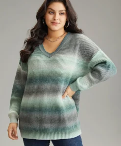Rainbow Ombre V Neck Loose Pullover -Clothing Shop 414035509 ej