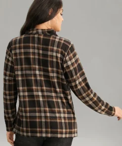 Plaid Funnel Neck Button Detail T-shirt -Clothing Shop 414051744 di