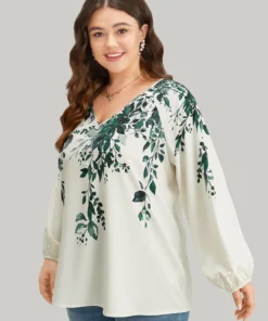 Plants Print Lantern Sleeve Button Detail Blouse -Clothing Shop 414208250 pq