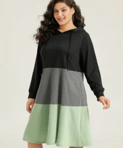 Colorblock Contrast Hooded Drawstring Dress