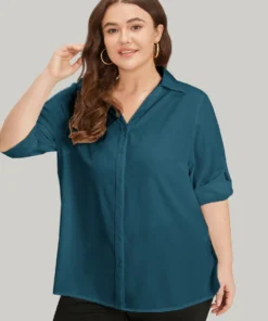 Anti-Wrinkle Plain Button Through Shirt Collar Tab Sleeve Blouse -Clothing Shop 414441807 kk 14d61eb6 3c51 4873 b70d ae5ef450308e