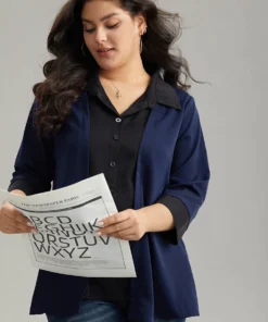 Contrast Patchwork Shirt Collar Button Through Blouse -Clothing Shop 414773058 pj