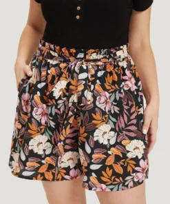 Tropical Print Paperbag Waist Pocket Belt Shorts -Clothing Shop 41498319 dy