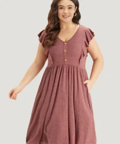 Supersoft Essentials Solid Flutter Trim Button Detail Gathered Dress