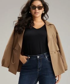 Solid Lapel Collar Drawstring Button Detail Coat 20 Solid Lapel Collar Drawstring Button Detail Coat -Clothing Shop 415819303 pi