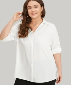 Anti-Wrinkle Plain Button Through Shirt Collar Tab Sleeve Blouse -Clothing Shop 416225882 hy