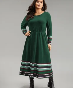 Striped Patchwork Contrast Crew Neck Dress -Clothing Shop 416450534 ip