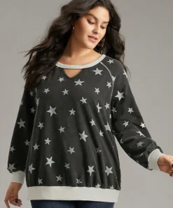 Star Print Keyhole Rib Knit Hem Sweatshirt