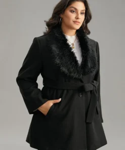 Plain Fuzzy Trim Patchwork Belted Coat 10 Plain Fuzzy Trim Patchwork Belted Coat -Clothing Shop 417877617 uc