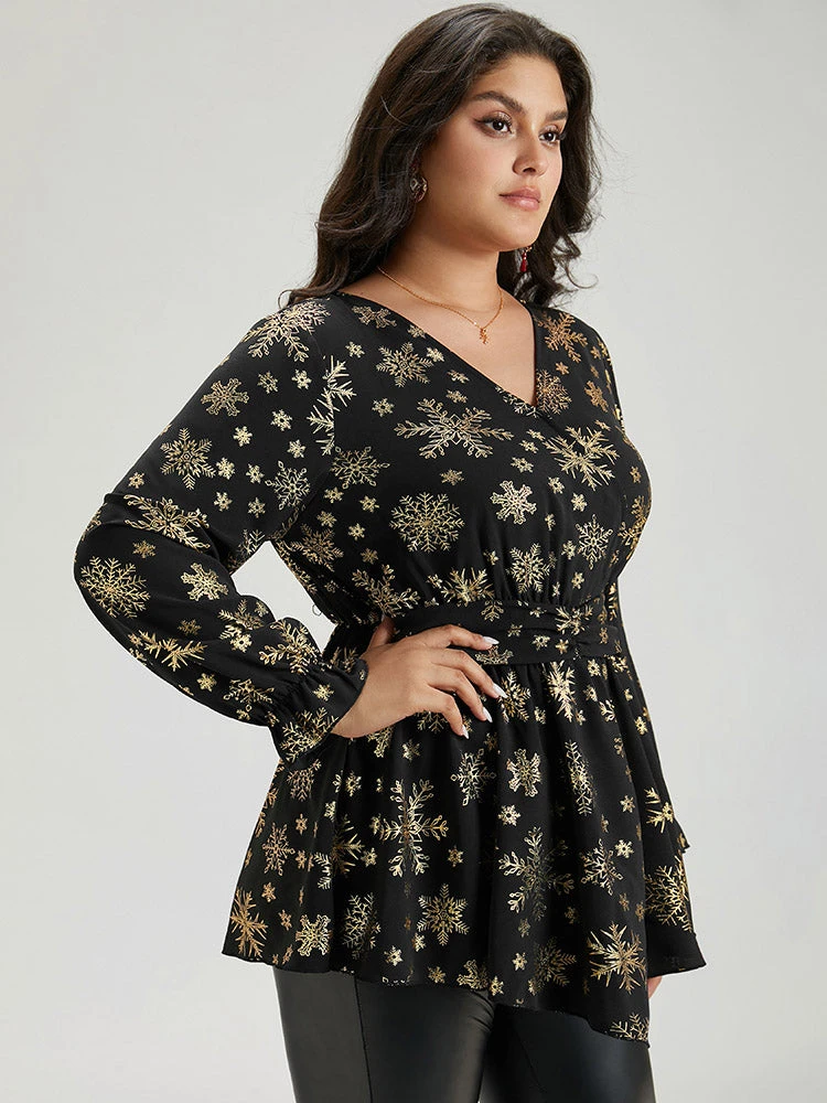 Glitter Snowflake Elastic Waist Ruched Wrap Blouse 5 Glitter Snowflake Elastic Waist Ruched Wrap Blouse - Image 3