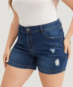 Moderately Stretchy High Rise Dark Wash Distressed Denim Shorts -Clothing Shop 418489820 it