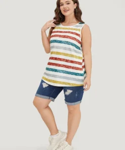 Striped Contrast Crew Neck Sleeveless Tank Top -Clothing Shop 418622687 kq