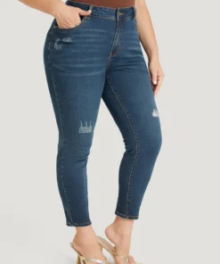 Skinny Moderately Stretchy High Rise Dark Wash Ripped Jeans -Clothing Shop 418691012 vl