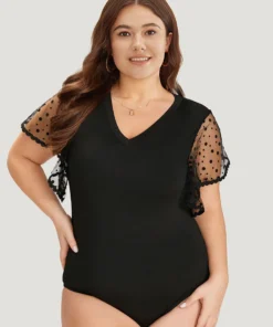 Contrast Lace Mesh Ruffle Sleeve V Neck Bodysuit