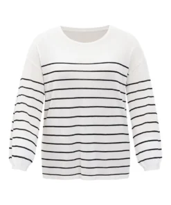 Striped Split Side Lightweight Elastic Cuffs Pullover -Clothing Shop 418799887 ch
