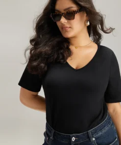 Cotton V Neck Plain Basic T-shirt -Clothing Shop 419202266 wn