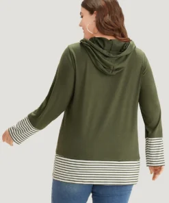 Striped Patchwork Hooded Drawstring T-shirt -Clothing Shop 419203792 sn