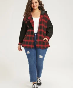 Plaid Hooded Patched Pocket Button Up Patchwork Coat -Clothing Shop 419630461 cy