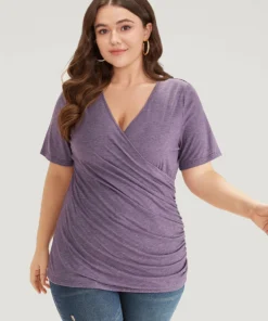 Solid Heather Overlap Collar Gathered T-shirt