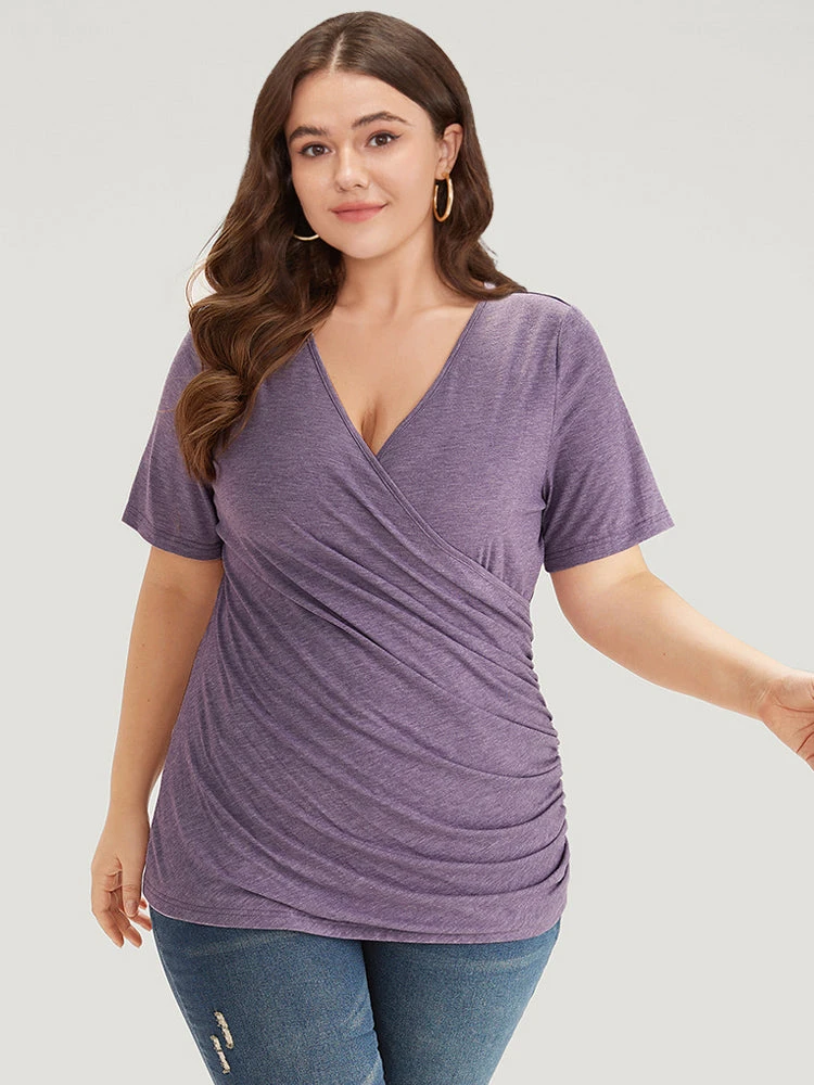 Solid Heather Overlap Collar Gathered T-shirt 3 Solid Heather Overlap Collar Gathered T-shirt