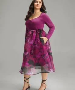 Floral Square Neck Mesh Patchwork Belted Ruched Dress -Clothing Shop 421329150 vi