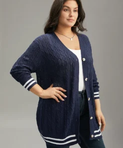 Cable Knit Striped Patchwork Button Through Cardigan -Clothing Shop 422136797 zp