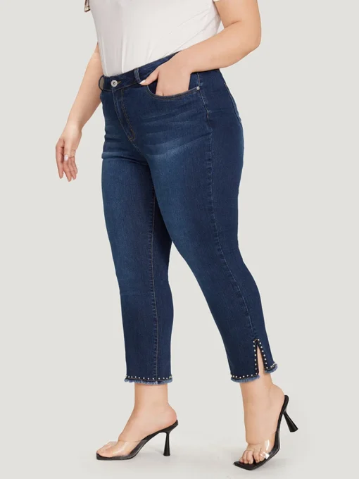 Plain Split Side Beaded Detail Dark Wash Jeans -Clothing Shop 422173746 wc