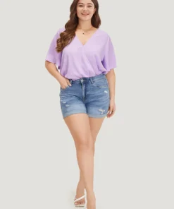 Solid Ruffle Sleeve V Neck Ruched Bodysuit -Clothing Shop 422877718 vl