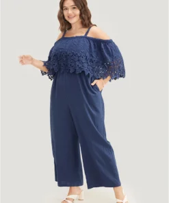 Plain Lace Trim Pocket Cold Shoulder Jumpsuit