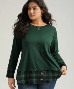 Plaid Patchwork Button Detail Curved Hem Sweatshirt -Clothing Shop 42324631 za