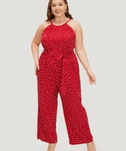 Polka Dot Pocket Belt Halter Neck Jumpsuit 15 Polka Dot Pocket Belt Halter Neck Jumpsuit -Clothing Shop 423483559 vv