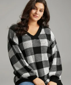 V Neck Plaid Elastic Cuffs Pullover -Clothing Shop 423524278 or