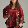 Floral Lace Panel V Neck Hanky Hem Blouse -Clothing Shop 423585063 ni